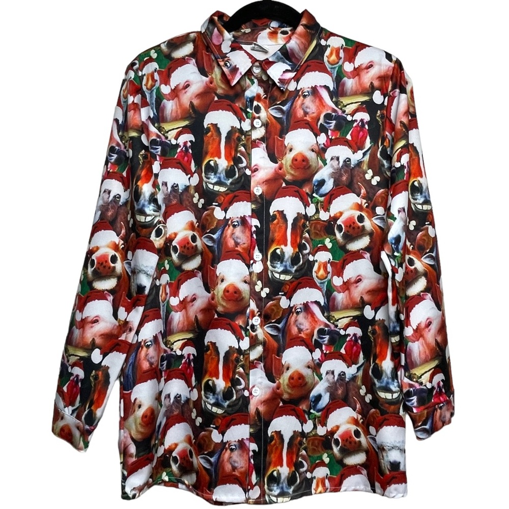 Funnycokid Ugly Christmas Holiday Collared Button Up Farm Animals Youth XL